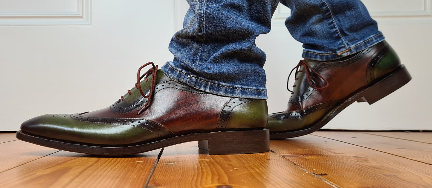 Oxford Fullbrogue grün-braun Patina-Look